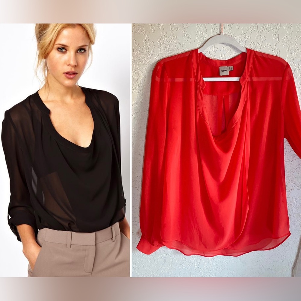ASOS Red sheer drape neck blouse